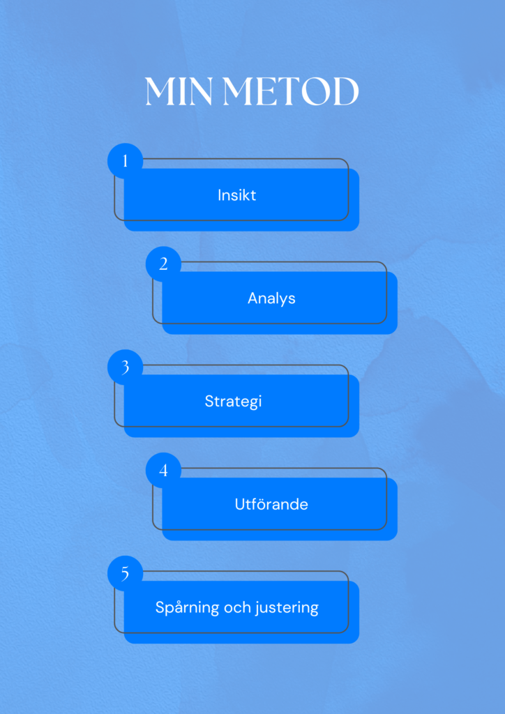 Femstegsmetod för rådgivning inom marknadsföring i blå layout: insikt, analys, strategi, utförande samt spårning och justering för marknadsföringsinsatser.