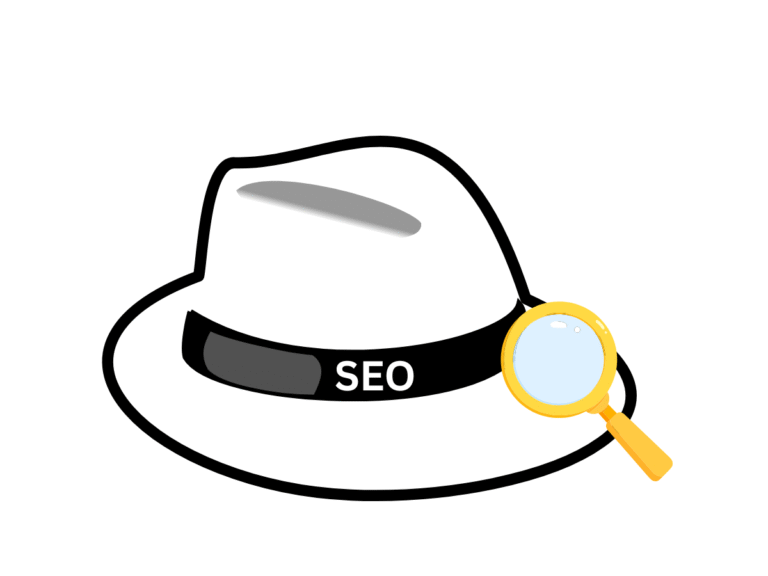 White hat med texten SEO och förstoringsglas symboliserar white hat SEO som följer riktlinjer för etisk optimering i sökresultat.