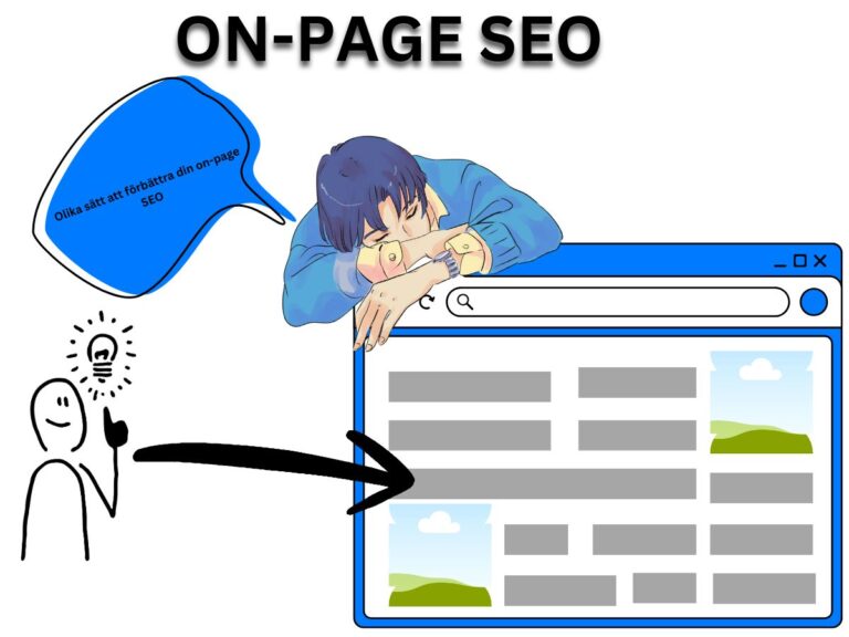 Grafik som visar hur on-page SEO förbättrar sidans struktur, innehåll och interna länkar för bättre ranking.