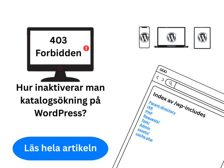 Bloggbild med rubriken ‘Hur inaktiverar man katalogsökning på WordPress’ och en illustration som visar sökvägen /wp-includes/.
