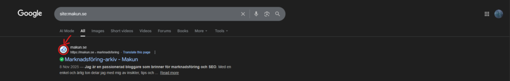 Favicon som syns när man utför en sökning 