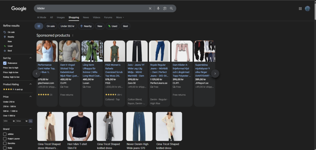 Visar hur Google Shopping ser ut