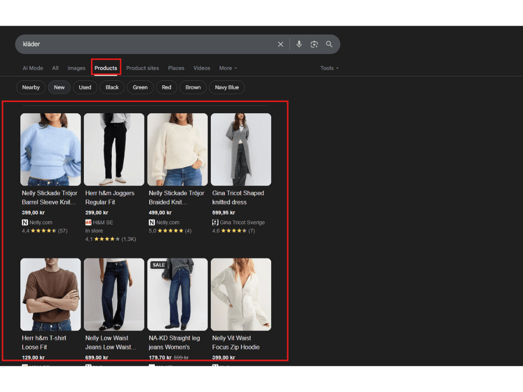 Visar vart man kan hitta Produktsökning i Google
