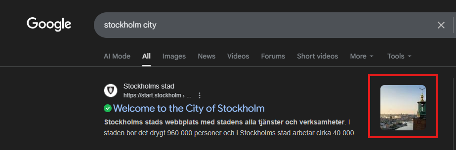 Visar en miniatyr bredvid webbplatsen